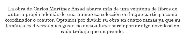 
La obra de Carlos Martínez Assad abarca más de una veintena de libros de autoría propia además de una numerosa colección en la que participa como coordinador o coautor. Optamos por dividir su obra en cuatro ramas ya que su temática es diversa pues gusta no encasillarse para aportar algo novedoso en cada trabajo que emprende. 